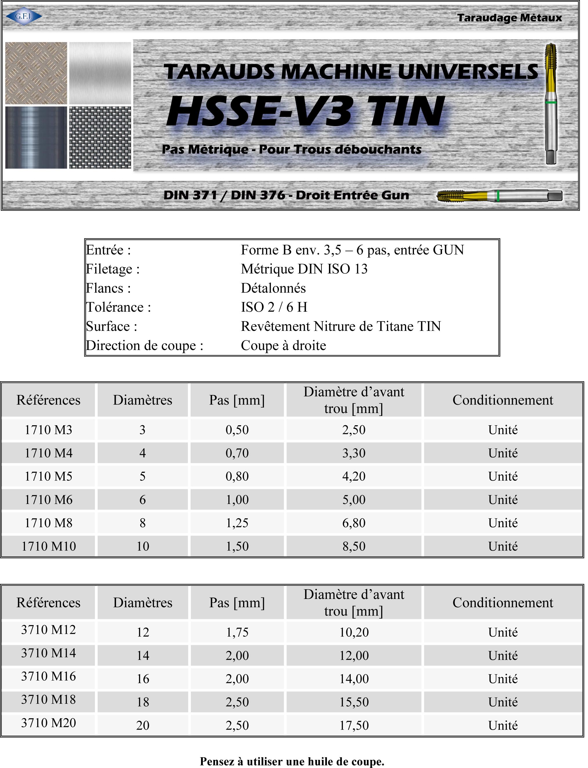 Taraud HSS-E M5 6x4,9 P=0,8, Taraud HSS-E pour filetage trou borgne TiN, Tarauds HSS-E, Outils de coupant